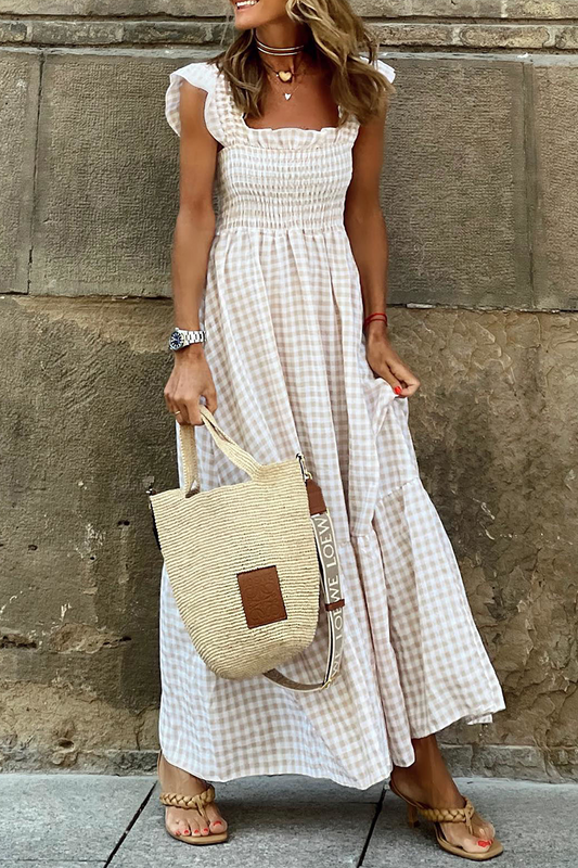 Vestidos de moda con falda pastel y cuello cuadrado de patchwork a cuadros