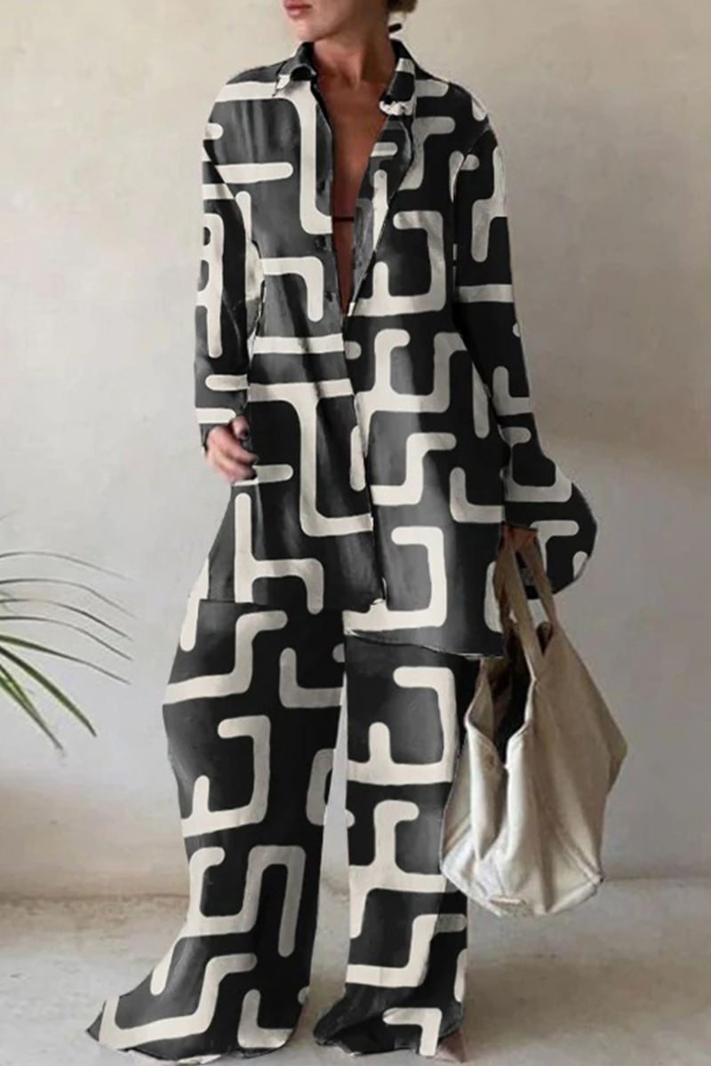 Conjunto informal de dos piezas con estampado de patchwork, cuello vuelto, manga larga (5 colores)
