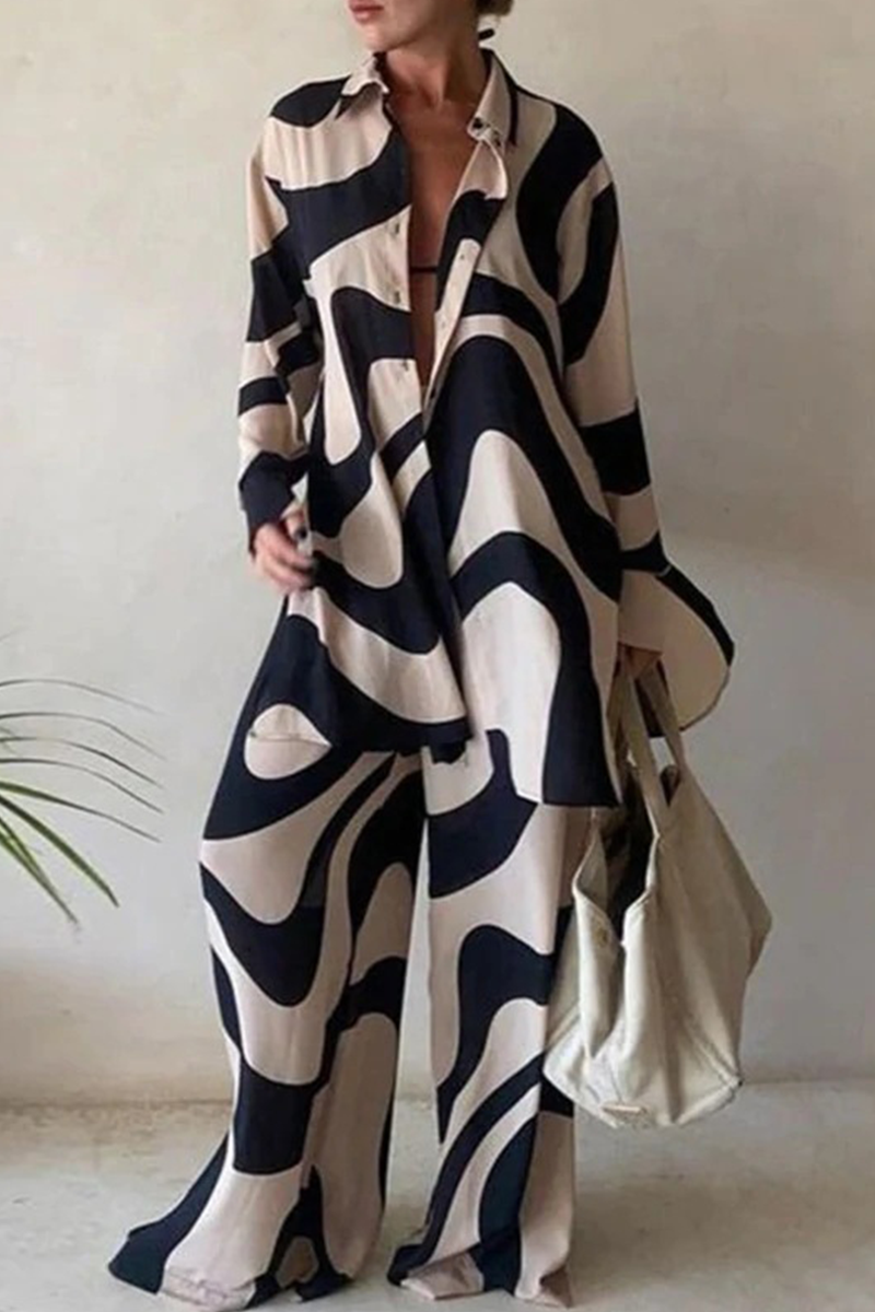 Conjunto informal de dos piezas con estampado de patchwork, cuello vuelto, manga larga (5 colores)