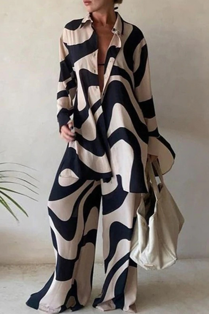 Conjunto informal de dos piezas con estampado de patchwork, cuello vuelto, manga larga (5 colores)