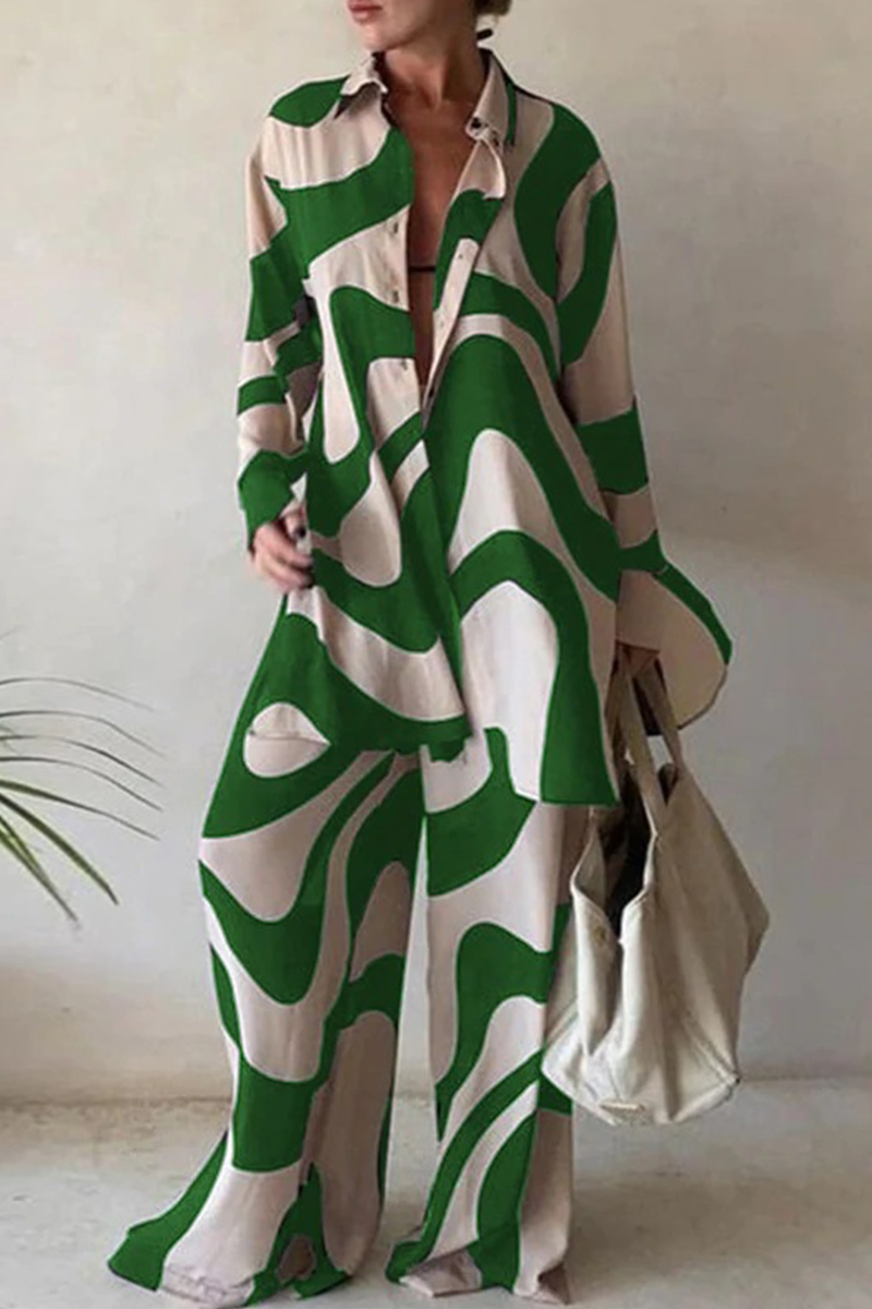 Conjunto informal de dos piezas con estampado de patchwork, cuello vuelto, manga larga (5 colores)
