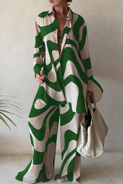 Conjunto informal de dos piezas con estampado de patchwork, cuello vuelto, manga larga (5 colores)