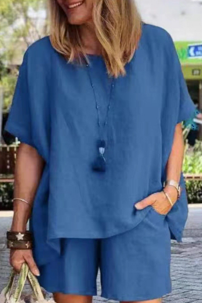 Conjunto informal de dos piezas con cuello redondo, manga corta y abertura en el pecho (9 colores)