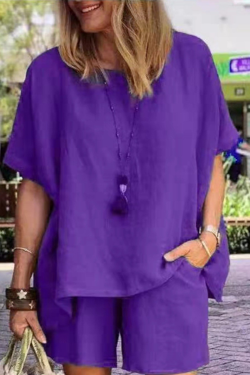 Conjunto informal de dos piezas con cuello redondo, manga corta y abertura en el pecho (9 colores)