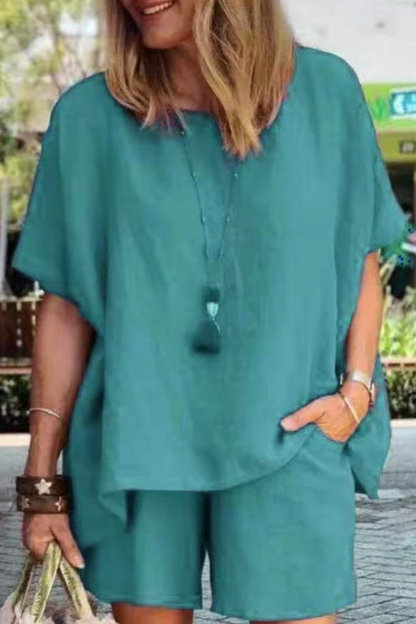 Conjunto informal de dos piezas con cuello redondo, manga corta y abertura en el pecho (9 colores)