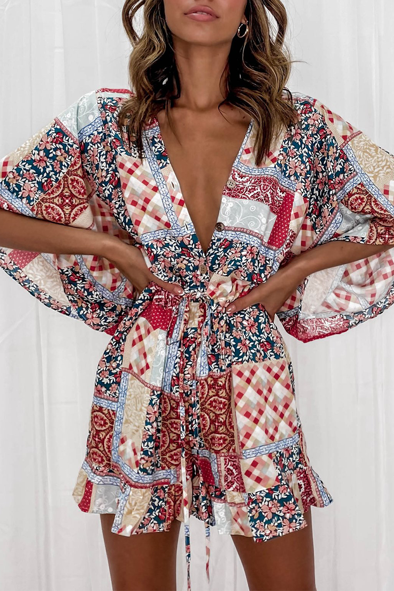 Monos rectos con cuello en V y estampado de patchwork de moda (7 colores)