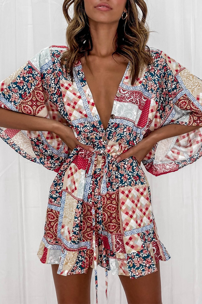 Monos rectos con cuello en V y estampado de patchwork de moda (7 colores)