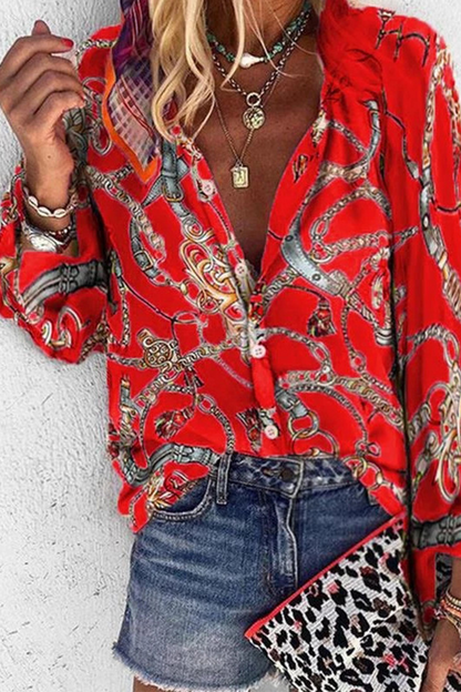 Fashion Print Patchwork Turndown Collar Tops(6 colors)