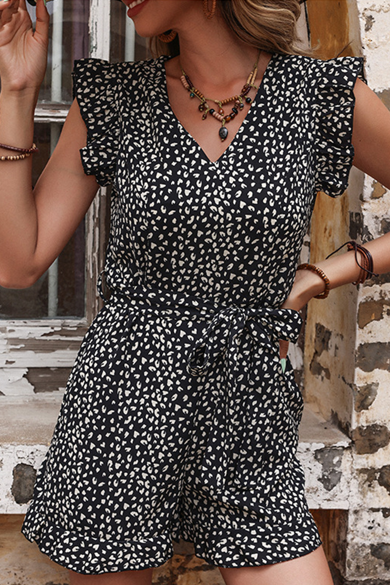 Mono recto con cuello en V y volantes con estampado informal