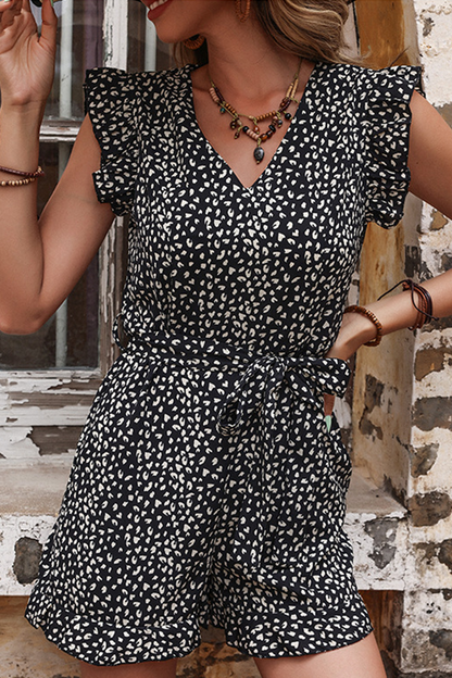 Mono recto con cuello en V y volantes con estampado informal