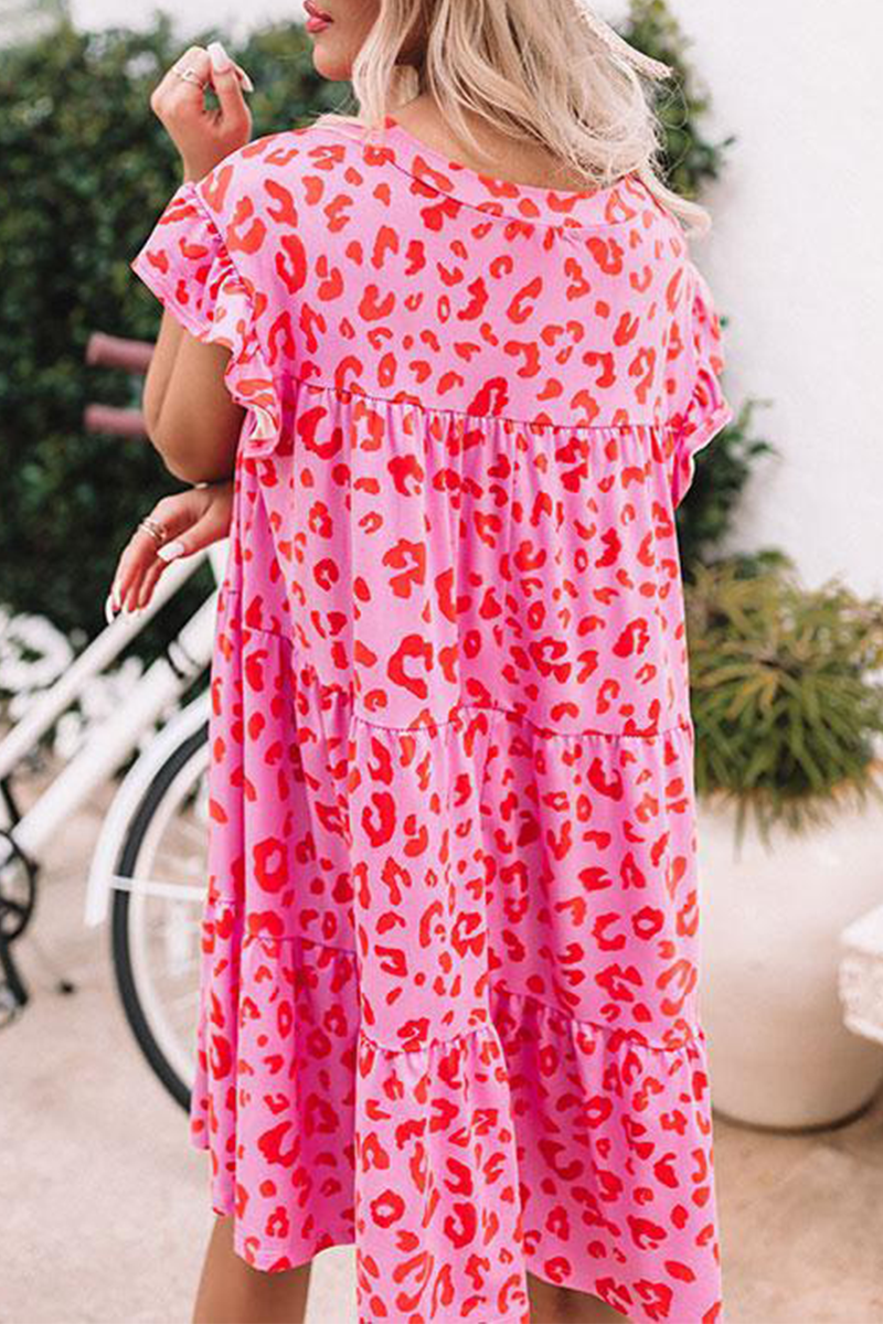 Vestidos casuales con falda pastel, cuello redondo y volantes de leopardo (3 colores)