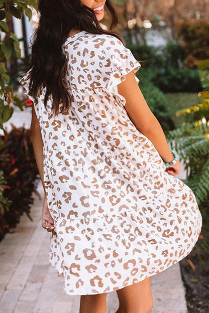 Vestidos casuales con falda pastel, cuello redondo y volantes de leopardo (3 colores)