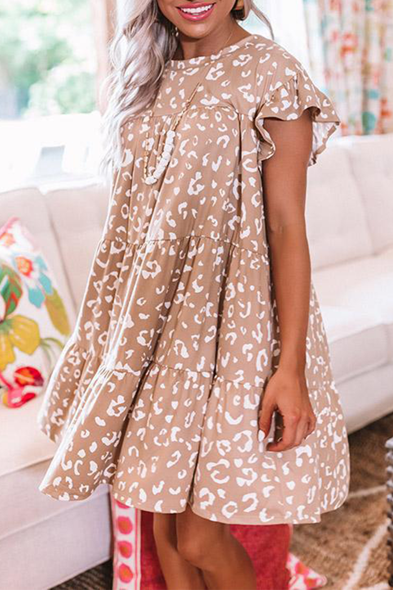 Vestidos casuales con falda pastel, cuello redondo y volantes de leopardo (3 colores)