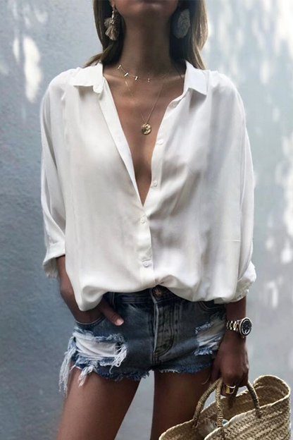 Blusas casuales de cuello vuelto con parches lisos (8 colores)