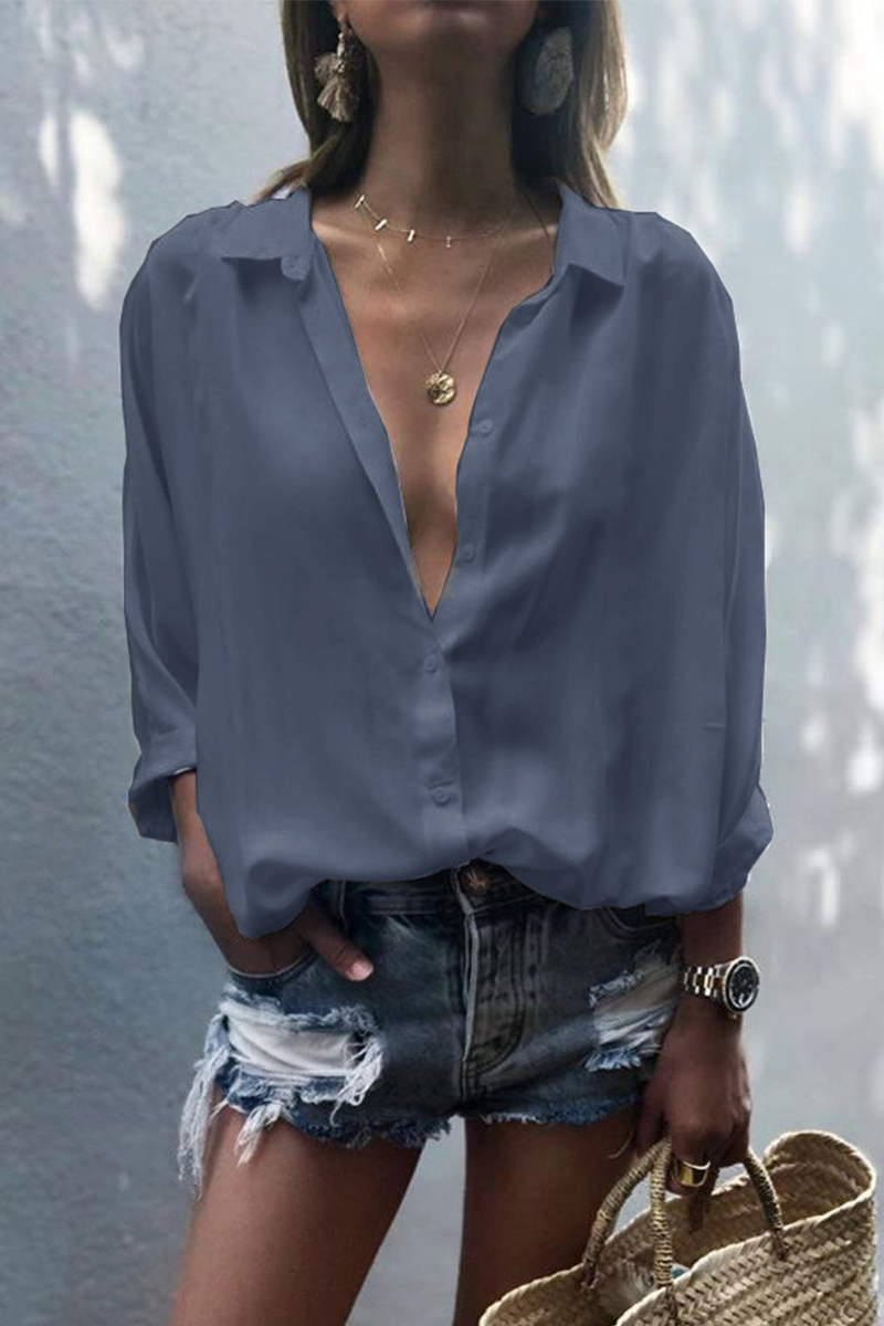Blusas casuales de cuello vuelto con parches lisos (8 colores)