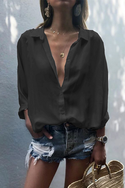 Blusas casuales de cuello vuelto con parches lisos (8 colores)
