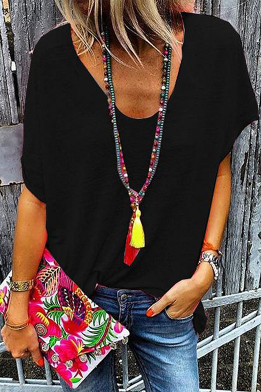 Camisetas casuales de cuello en V con parches lisos (6 colores)