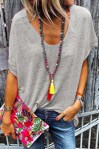 Camisetas casuales de cuello en V con parches lisos (6 colores)