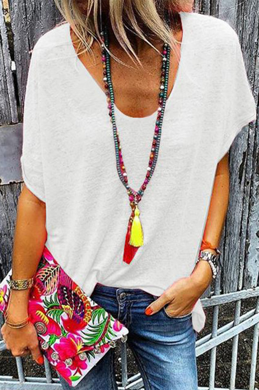 Camisetas casuales de cuello en V con parches lisos (6 colores)