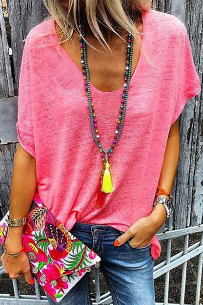 Camisetas casuales de cuello en V con parches lisos (6 colores)