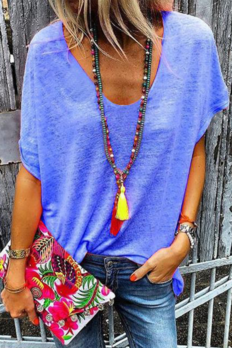 Camisetas casuales de cuello en V con parches lisos (6 colores)