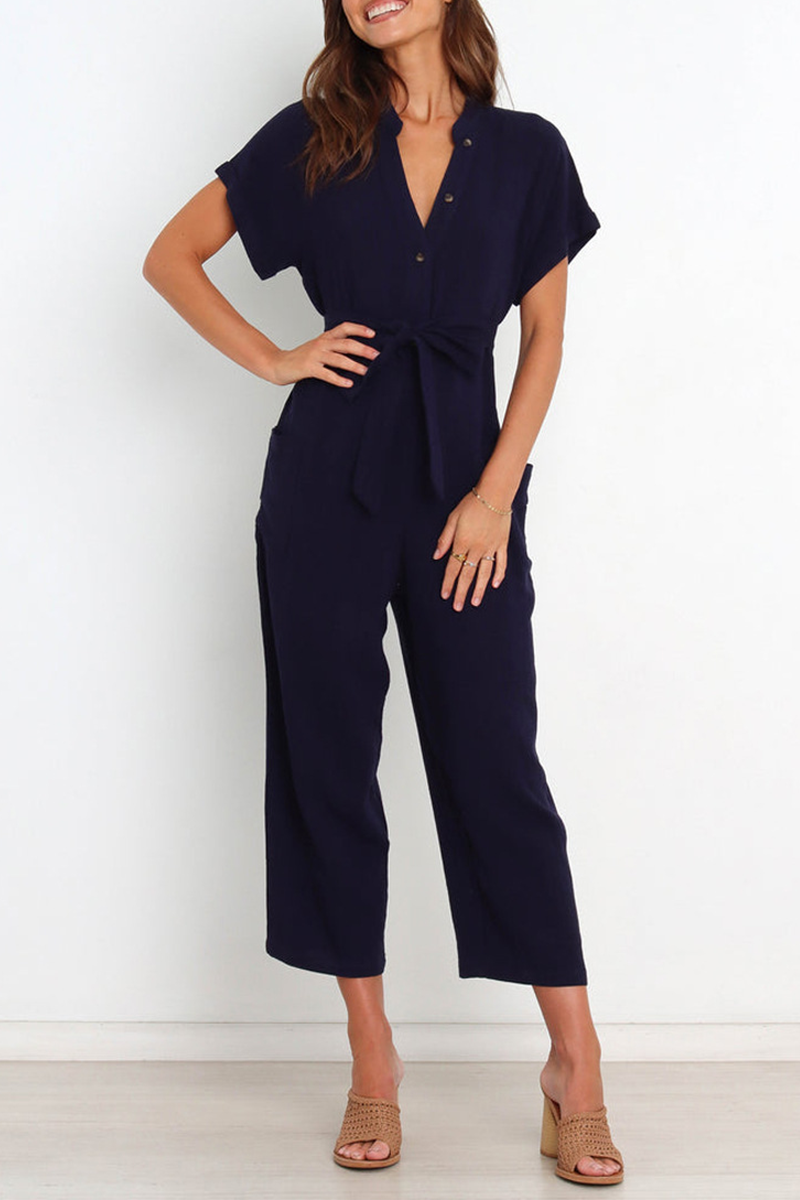 Casual Solid Bandage V Neck Straight Jumpsuits(3 Colors)