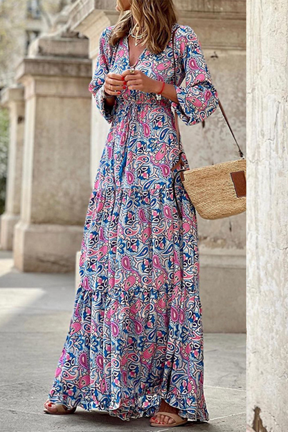 Vestidos casuales con estampado de patchwork, cuello en V y falda pastel