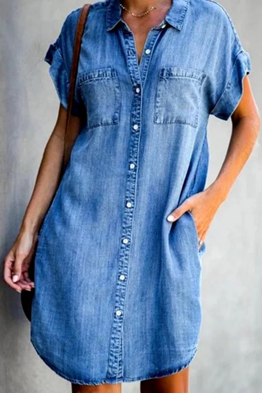 Vestido camisero informal de cuello vuelto con parches lisos (3 colores)