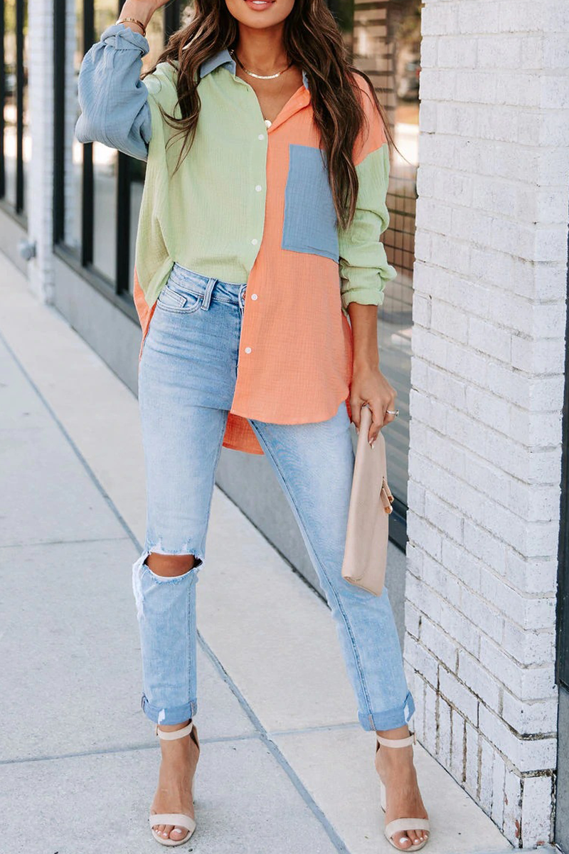 Casual Solid Patchwork Turndown Collar Tops(4 Colors)