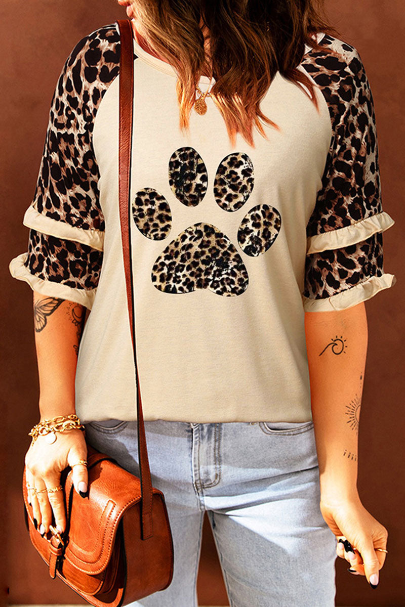 Casual Print Leopard Patchwork O Neck T-Shirts(5 Colors)