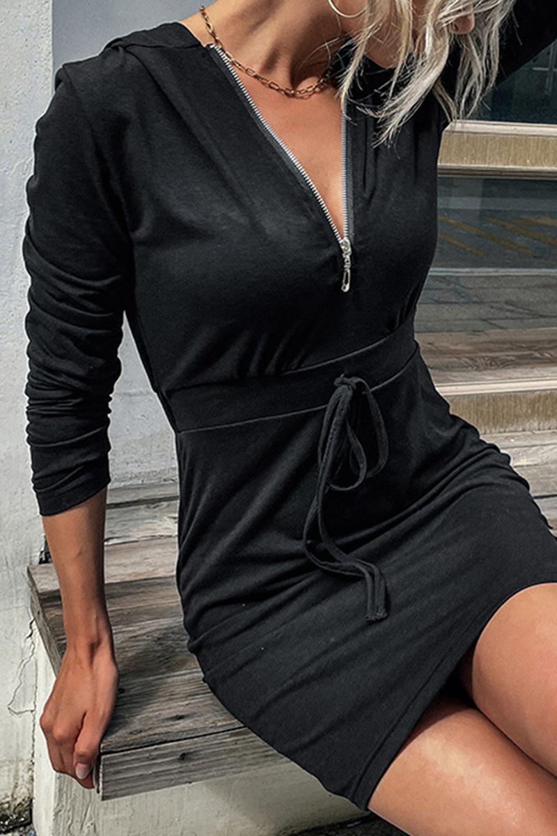 Vestidos casuales de falda lápiz con cuello con cremallera y cordón ajustable (11 colores)