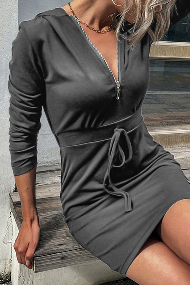 Vestidos casuales de falda lápiz con cuello con cremallera y cordón ajustable (11 colores)