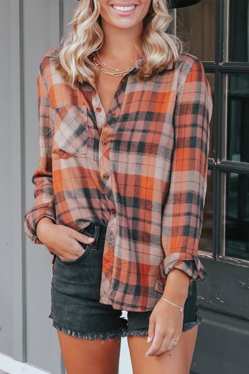 Casual Plaid Patchwork Turndown Collar Blouses