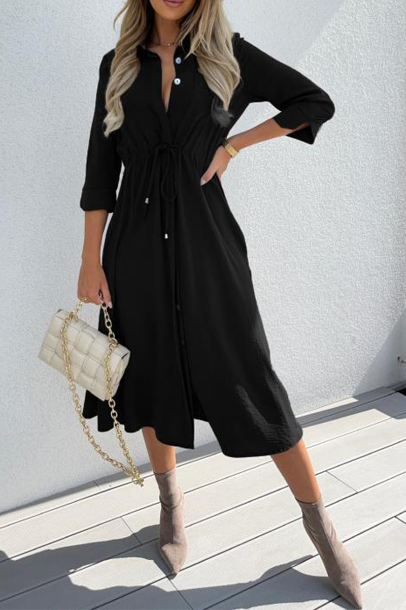 Vestido camisero informal de cuello vuelto con parches lisos (3 colores)