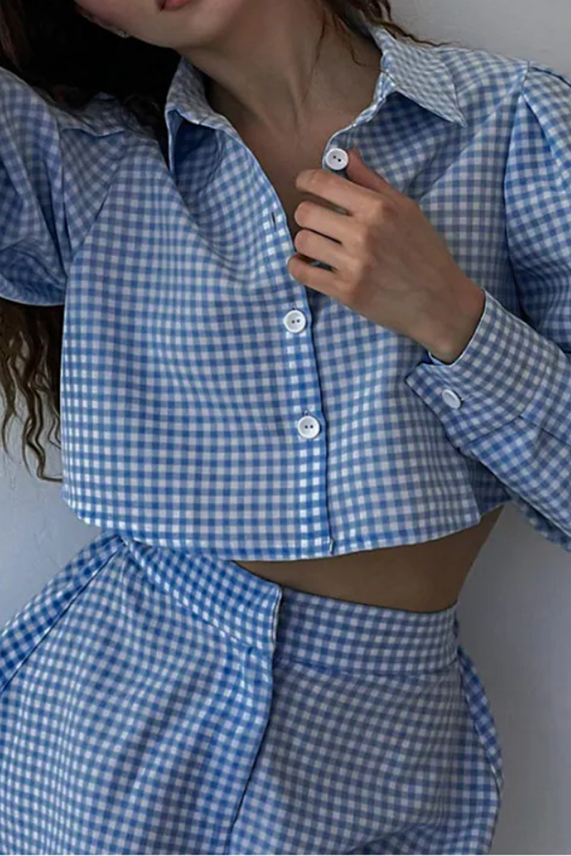 Conjunto de dos piezas de manga larga con cuello vuelto y retazos a cuadros (3 colores)
