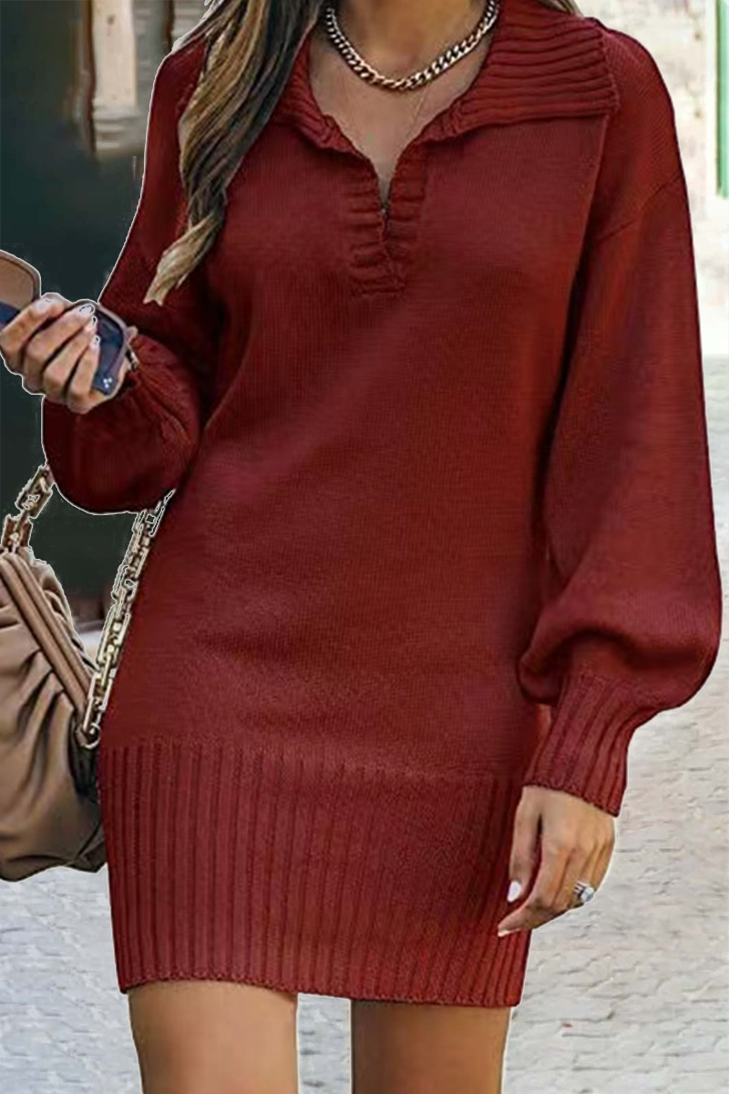 Casual Solid Patchwork Turndown Collar Straight Dresses(4 Colors)
