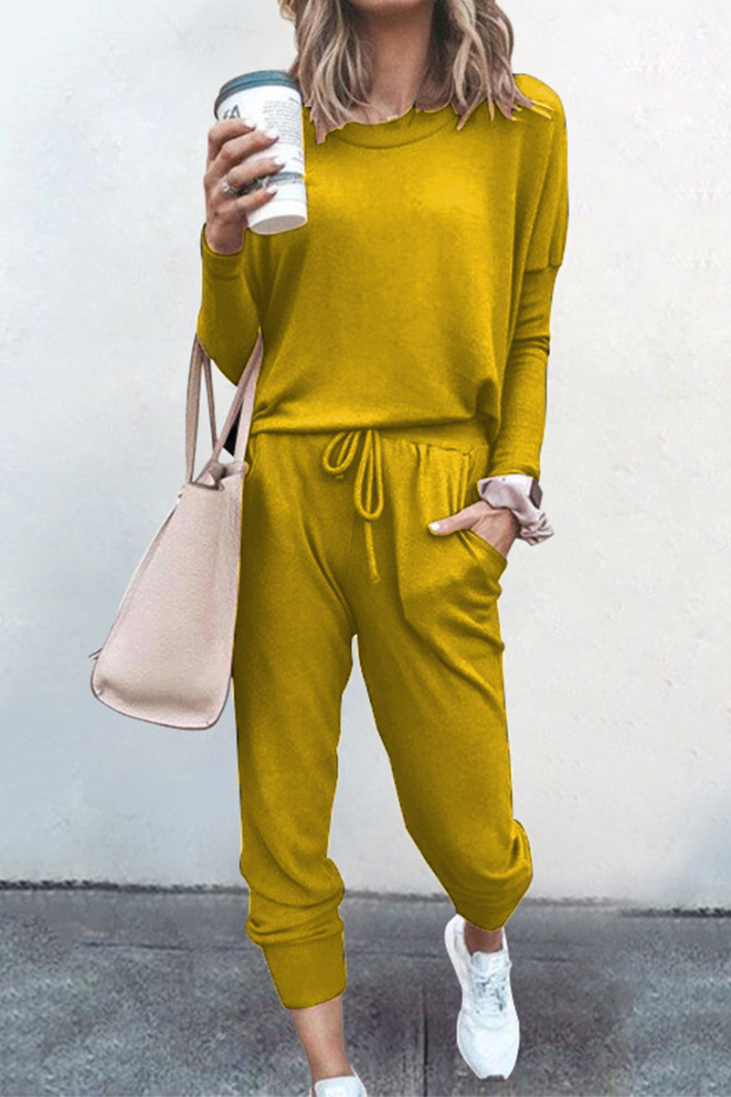 Conjunto de dos piezas de manga larga con cuello redondo y parches sólidos a la moda (6 colores)