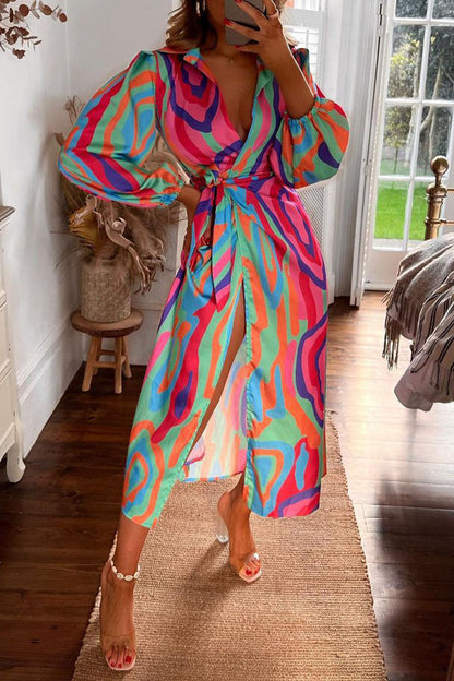 Casual Print Bandage Patchwork Turndown Collar Straight Dresses(6 Colors)