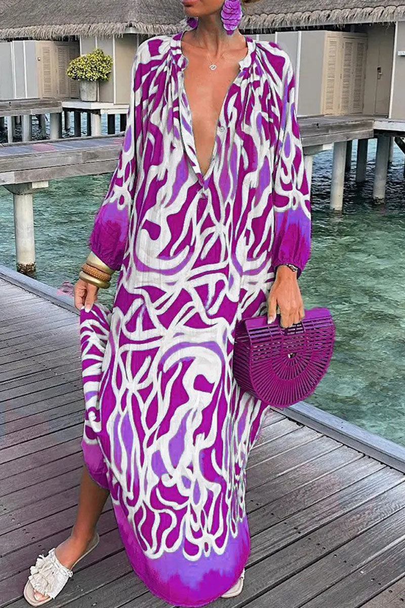 Sexy Print Patchwork V Neck Straight Dresses(3 Colors)