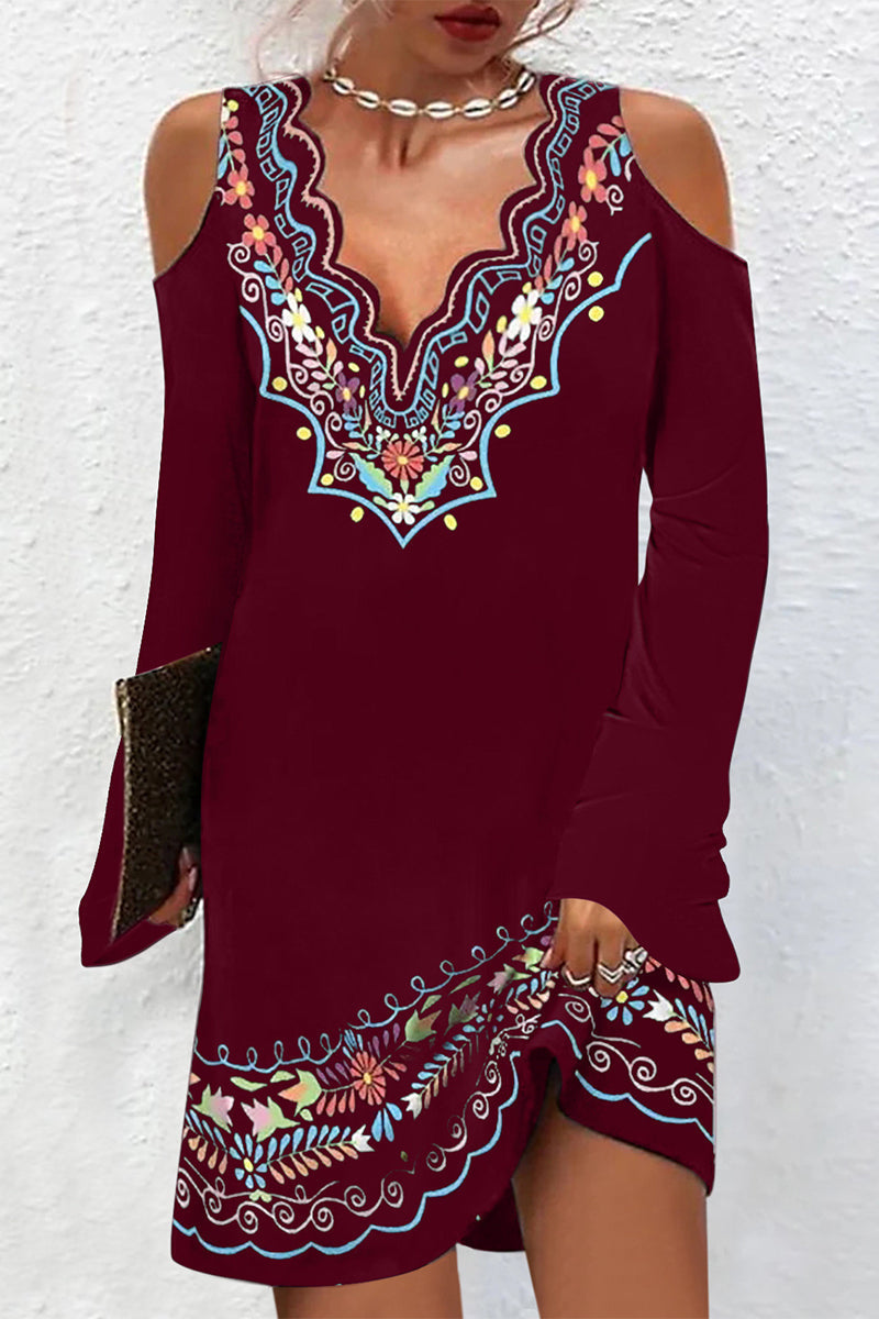 Vestidos casuales de moda con estampado de tótem nacional, cuello en V, falda de un solo paso (8 colores)