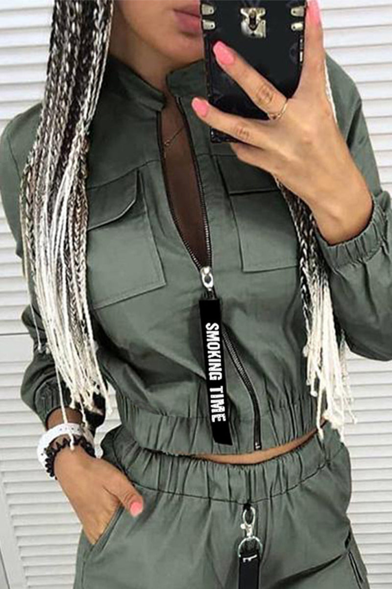 Conjunto informal de dos piezas con cuello mandarín y cremallera lisa (3 colores)