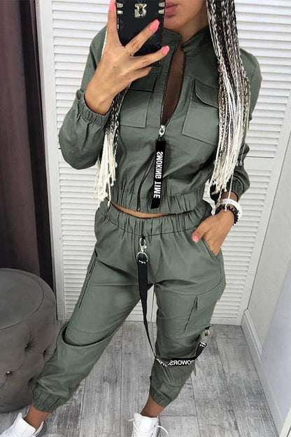 Conjunto informal de dos piezas con cuello mandarín y cremallera lisa (3 colores)