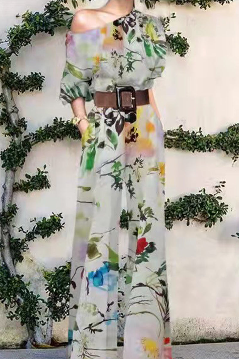 Mono holgado de un hombro con estampado casual de moda sin cinturón (7 colores)