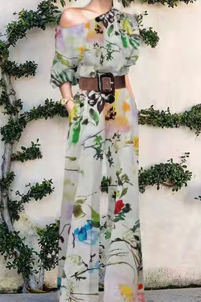 Mono holgado de un hombro con estampado casual de moda sin cinturón (7 colores)