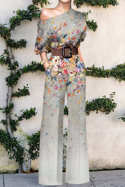 Mono holgado de un hombro con estampado casual de moda sin cinturón (7 colores)