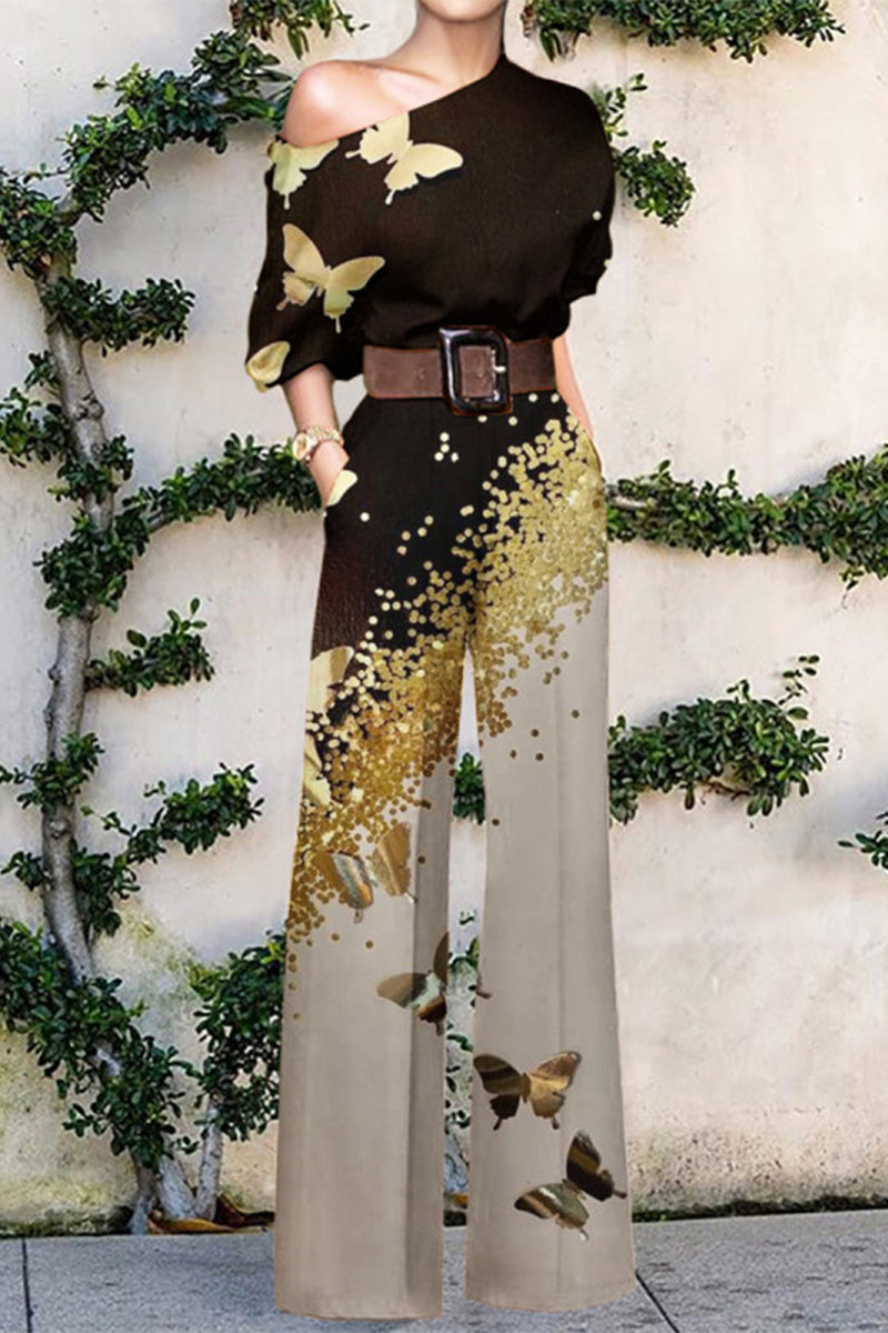 Mono holgado de un hombro con estampado casual de moda sin cinturón (7 colores)