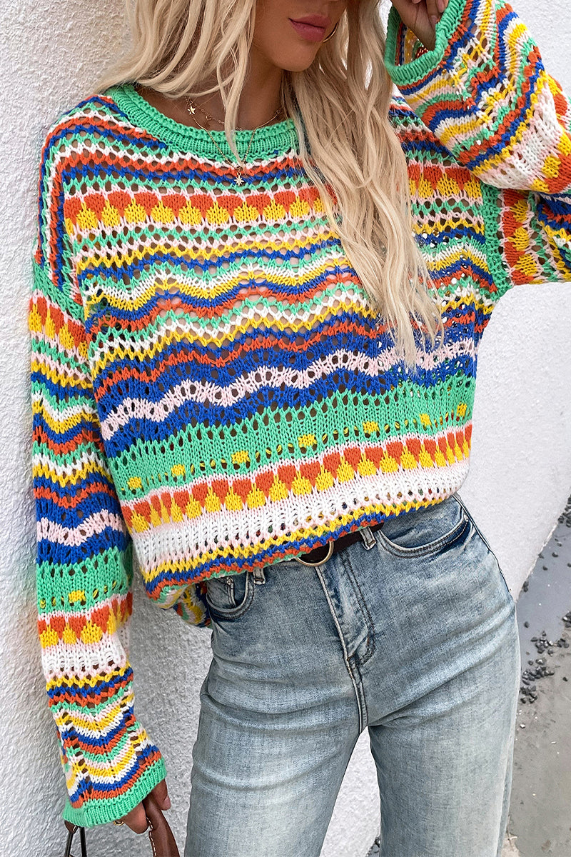 Suéteres de cuello redondo con patchwork a rayas de moda (4 colores)