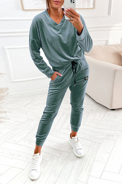 Casual Solid Frenulum V Neck Long Sleeve Two Pieces(4 Colors)