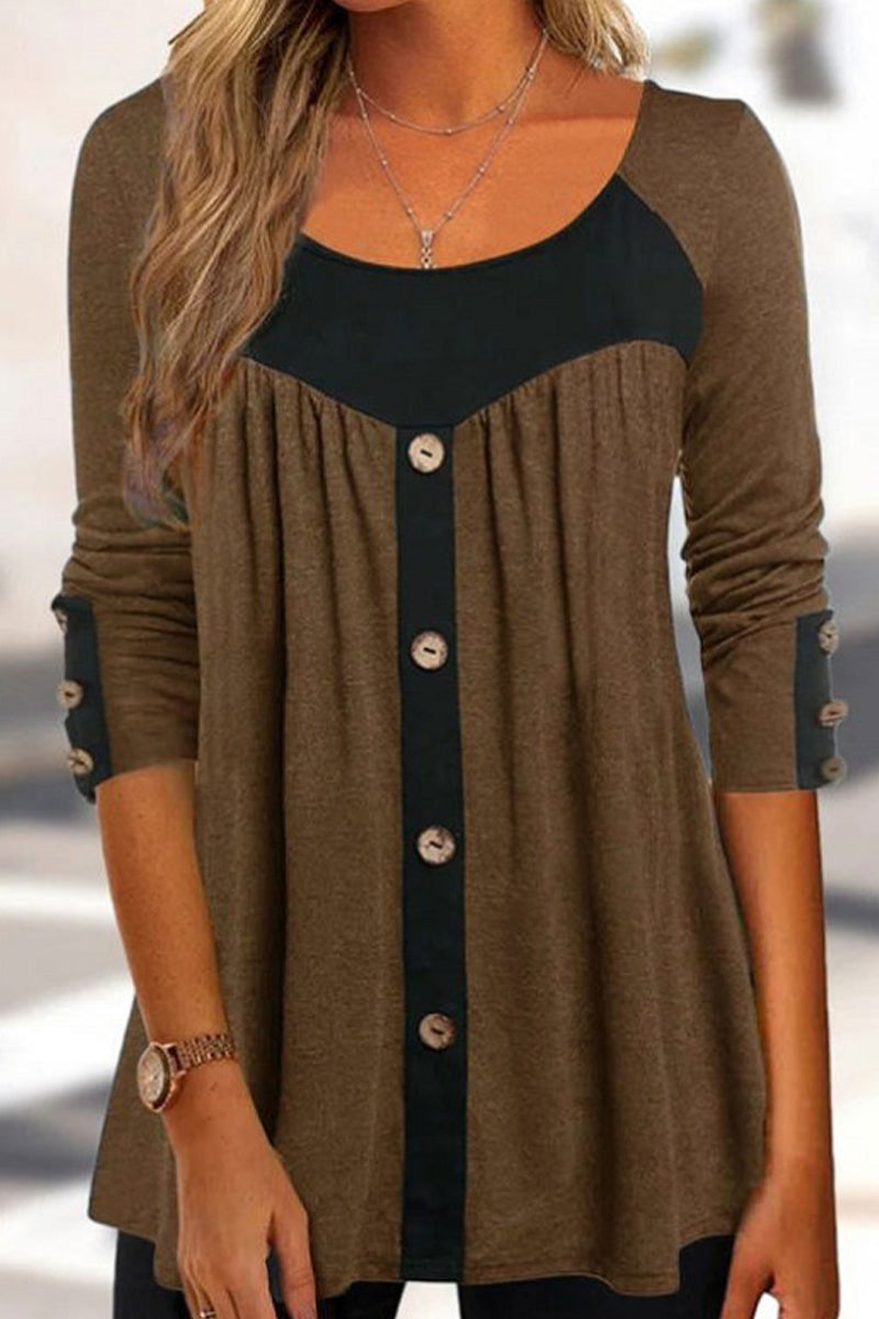 Tops casuales de cuello redondo con contraste de patchwork para uso diario (3 colores)