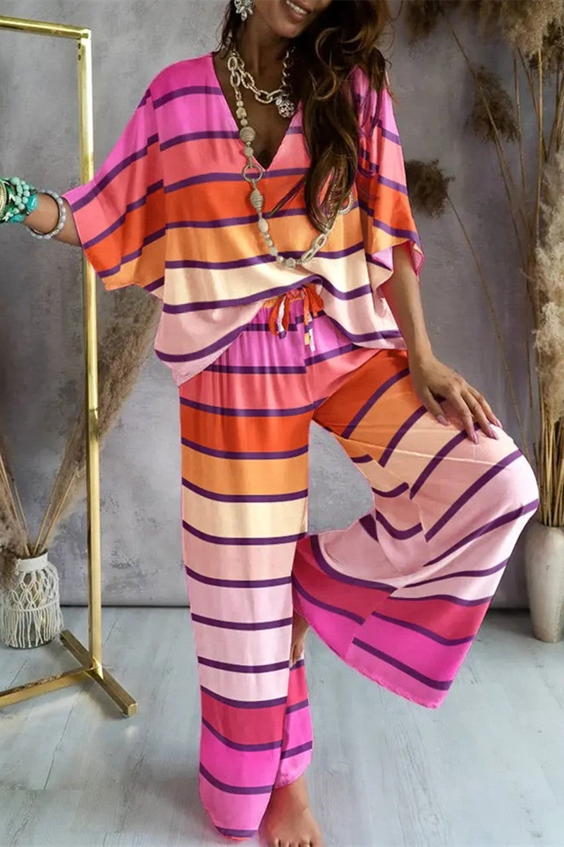 Conjunto de dos piezas con cuello en V, media manga y estampado informal de patchwork (9 colores)